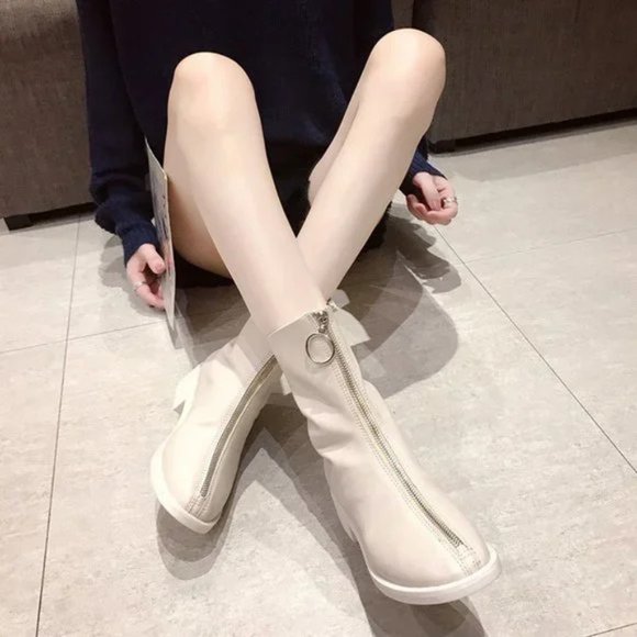 New Front Zipper Round Toe Chunky Heel All-match Mid-Cut Martin Boots - Picture 6 of 6